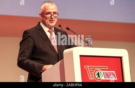 Berlin, Germany. 27th Nov, 2019. General Assembly 1st FC Union Berlin, Verti Music Hall. President Dirk Zingler speaks to the members. Credit: Andreas Gora/dpa/Alamy Live News Stock Photo