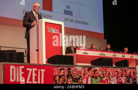 Berlin, Germany. 27th Nov, 2019. General Assembly 1st FC Union Berlin, Verti Music Hall. President Dirk Zingler speaks to the members. Credit: Andreas Gora/dpa/Alamy Live News Stock Photo