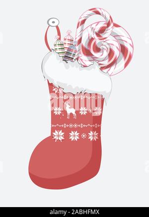 Christmas sock with candy. lollipop. sweet. Picture in hand drawing cartoon style, for Christmas or New year greeting card, party invitation Stock Vector