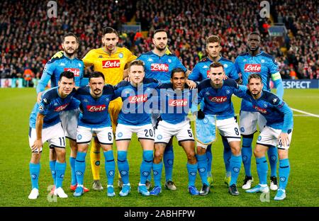 Napoli team group. Top row (left to right) Kostas Manolas, Alex Meret, Nikola Maksimovic, Giovanni Di Lorenzo and Kalidou Koulibaly. Bottom row (left to right) Hirving Lozano, Mario Rui, Piotr Zielinski, Marques Allan, Ruiz Fabian and Dries Mertens during the UEFA Champions League Group E match at Anfield, Liverpool. Stock Photo