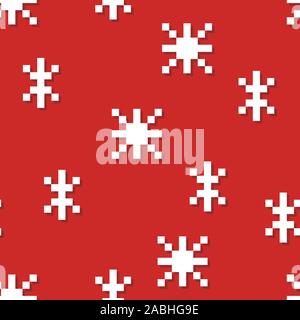 Pixel snowflake seamless pattern. Christmas colors. Vector Stock Vector
