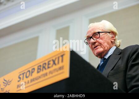 Expelled Conservative grandee, Lord Michael Heseltine speaks to the media during a Liberal Democrats press conference. Former Deputy Prime Minister endorses Liberal Democrat candidates - Sam Gyimah who is standing in Kensington and Chuka Umunna who is standing for Cities of London & Westminster. Both Liberal Democrat candidates are standing against the Conservatives on anti-brexit manifestos. Stock Photo