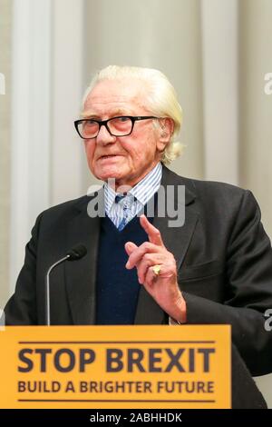 Expelled Conservative grandee, Lord Michael Heseltine speaks to the media during a Liberal Democrats press conference. Former Deputy Prime Minister endorses Liberal Democrat candidates - Sam Gyimah who is standing in Kensington and Chuka Umunna who is standing for Cities of London & Westminster. Both Liberal Democrat candidates are standing against the Conservatives on anti-brexit manifestos. Stock Photo