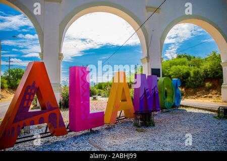 Colored letters at the entrance of the tourist town Alamos, Sonora, Mexico, this is a magical colonial town. This Mexican villa was known as Real de L Stock Photo