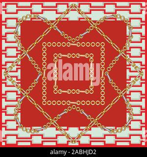 Golden chains vector pattern on geometric background. Shawl, scarf, bandana, kerchief print for fabric. Stock Vector