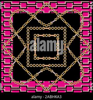 Golden chains vector pattern on geometric background. Shawl, scarf, bandana, kerchief print for fabric. Stock Vector