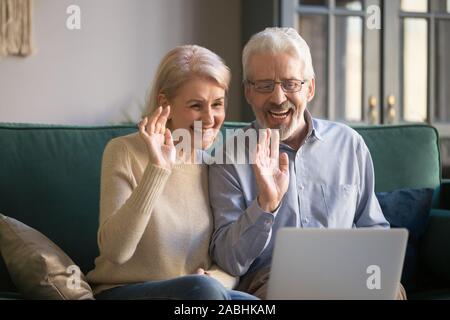 Aged couple looks at computer screen wave hands greeting friend Stock Photo