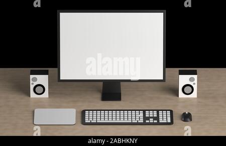isometric computer on dark background front with speakers and keyboard on wooden desk cool modern 3d illustration Stock Photo