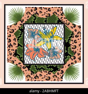 Leopard, snake skin pattern. Colorful flowers background, Shawl, bandana, scarf, kerchief digital print, Fabric design. Woman fashion. - Vector Stock Vector