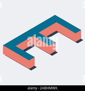 Letter in E isometric view. Blue-orange colors. Stock Vector