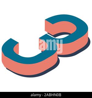 Digit 3 in isometric view. Blue-orange colors. Stock Vector