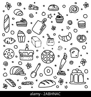 Bakery doodle set wallpaper for any graphic designing. Cartoon style hand draw of sweet dessert. Layers vector illustration. Stock Vector