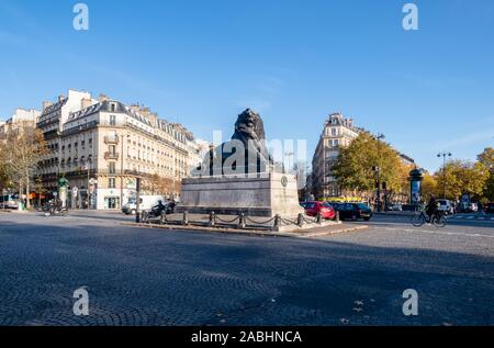 Lion of Belfort statue in Denfert Rochereau square - Paris Stock Photo
