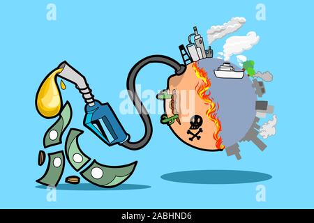 Vector drawing illustration of Earth environment pollutions. Human use Fossil fuel and destroyed this world turn to desert by global warming everyday. Stock Vector