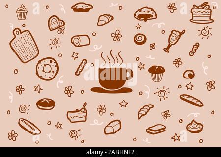 Drawing doodle of coffee and bakery set. Best for wallpaper or background decoration, publishing, sign, banner design. editable with layers vector ill Stock Vector
