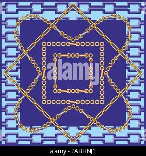 Golden chains vector pattern on geometric background. Shawl, scarf, bandana, kerchief print for fabric. Stock Vector