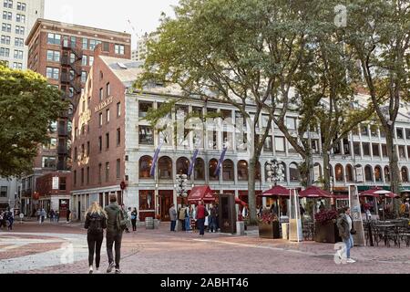 Boston, Massachusetts - October 4th, 2019: People strolling through Faneuil Hall Marketplace on a Fall day in downtown Boston Stock Photo
