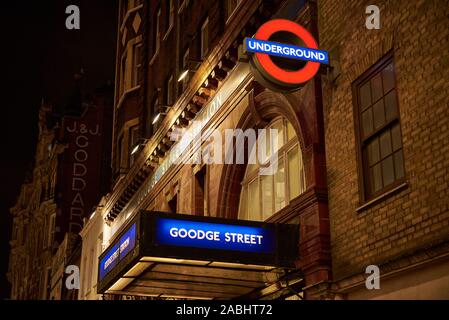 A night-time view of Goodge Street underground station entrance in London. Stock Photo