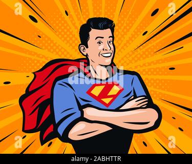 Male superhero. Vector illustration in pop art retro comic style Stock Vector