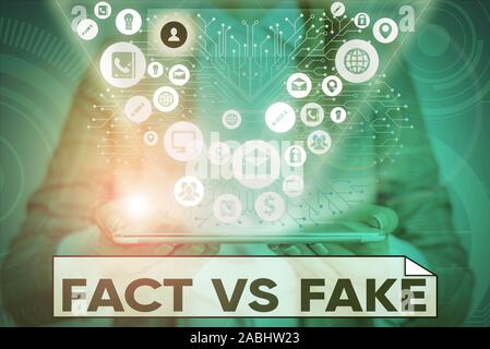 Text sign showing Fact Vs Fake. Business photo text Rivalry or products or information originaly made or imitation Stock Photo