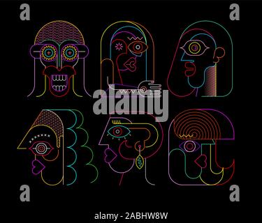 Neon colors on a black background Six Faces vector illustration. Composition of six different abstract portraits. Stock Vector