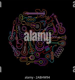 Neon colors isolated on a black background Musical Instruments and Microphones round shape vector design. A bunch of music instrument icons. Stock Vector