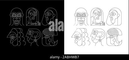 Two options: White silhouettes on a black background / Black silhouettes on a white backgrounds Six Faces vector illustration. Composition of six line Stock Vector