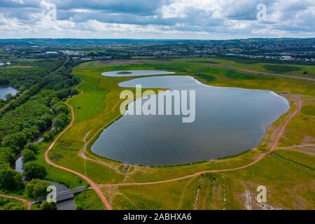 Aerial shot of Waverley Lakes in between Rotherham and Sheffield in South Yorkshire. June 2019 Stock Photo