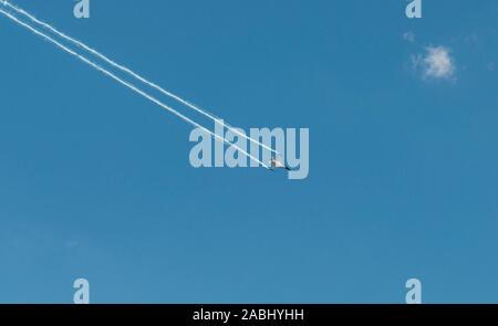 Military aircraft in flight, Fighting Falcon F-16 by Lockheed Martin, Airshow, Paris, France Stock Photo