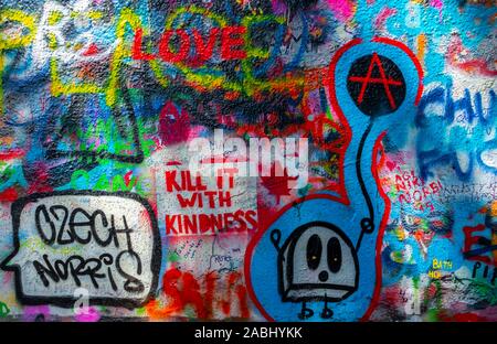 Kill it with Kindness, colourful graffiti on the John Lennon Wall, Prague, Bohemia, Czech Republic Stock Photo