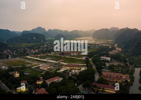 Aerial view of Tam Coc near Ninh Binh at sunset in Northern Vietnam, Asia. Stock Photo