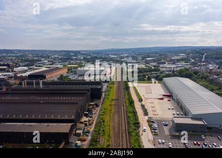 Sheffield, UK - 2nd August 2019: Aerial view of the city of Sheffield above the railway line that travels to the heart of the city from Leeds Stock Photo