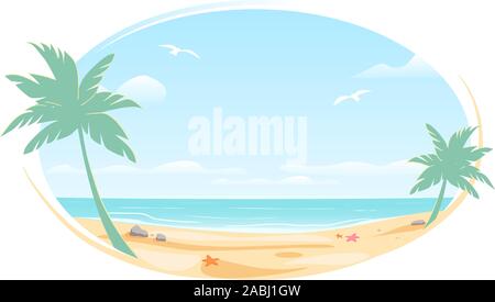 Tropic landscape Poster in oval frame for banner design. Sunny Paradise template illustration with copy space. Summer vacation traveling beach ocean. Greeting card. Vector White background isolated. Stock Vector