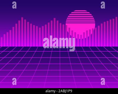 Virtual reality, cyberpunk landscape in the 80s style with a grid. Synthwave retro futuristic background. Retrowave. Vector illustration Stock Vector