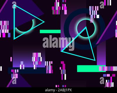 Cyberpunk seamless pattern. Retro futurism of the 80s. Neon round and linear light rays. Glitch, signal error. Background synthwave. Vector illustrati Stock Vector