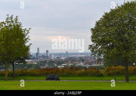 The well kept Everton park boats breathtaking views of Liverpool, its industrial, historical and residential buildings situated along the Mersey river. Stock Photo