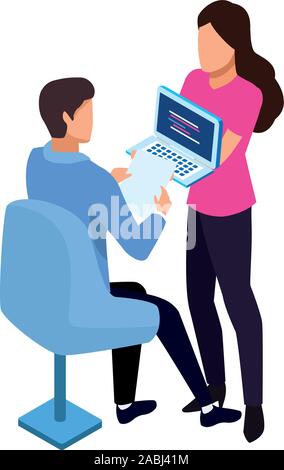 avatar woman showing a laptop computer and man sitting on a chair icon Stock Vector