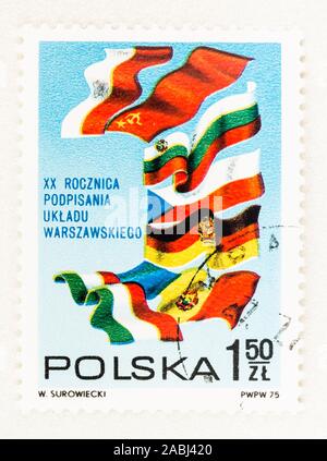 SEATTLE WASHINGTON -November 21, 2019: Flags of Warsaw Treaty Members on Scott # 2096 stamp of Poland. Stock Photo