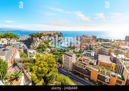 View of the Mediterranean Sea, and the marina, port, cities of Monte Carlo and Fontvieille, and rock of Monte Carlo, Monaco, from the Exotic Gardens Stock Photo