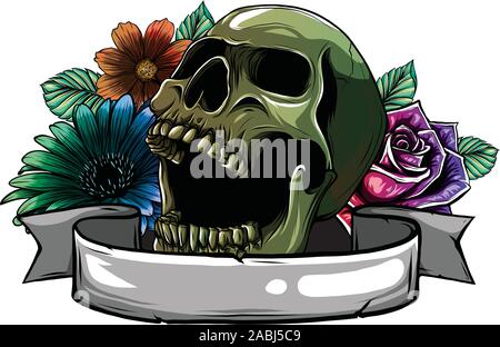 Skull. Hipster skull silhouette with mustache and arose in teeth with ribbon and bouquet of roses on a background. Stock Vector