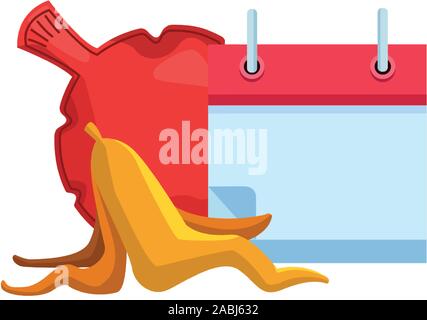 blank calendar with fart bag and banana peel icon Stock Vector