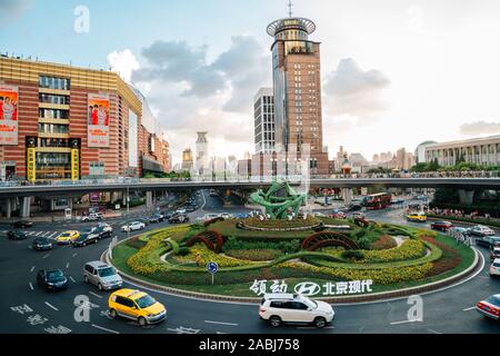 Shanghai, China - August 8, 2016 : Lujiazui district, pedestrian bridge and modern cityscape Stock Photo