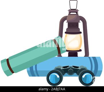 sleeping bags with lantern and binoculars icon Stock Vector
