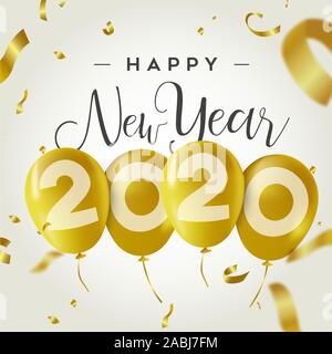Happy New Year 2020 greeting card illustration of dynamic gold 3d balloons and falling confetti. Luxury holiday design for party invitation or festive Stock Vector