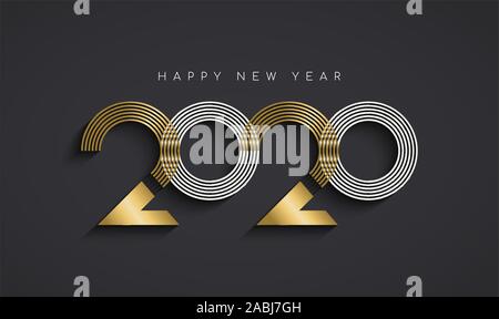 Happy New Year greeting card illustration of modern abstract holiday calendar number sign in elegant gold color. Luxury metal typography design for 20 Stock Vector