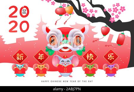 Chinese New Year 2020 greeting card of little colorful rats in diverse colors with traditional costume, plum blossom tree and lion dance dragon. Calli Stock Vector