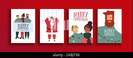 Merry Christmas Happy New Year greeting card set of cheerful friends and children with santa claus character. Holiday people xmas invitation template Stock Vector