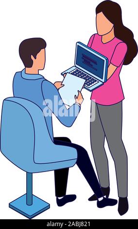 avatar woman showing a laptop computer and man sitting on a chair icon Stock Vector