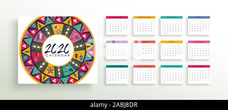 2020 calendar template, new year planner layout with colorful abstract nordic shape on isolated white background. Monthly date schedule for business w Stock Vector