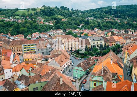 Sighisoara old town panorama view in Romania Stock Photo